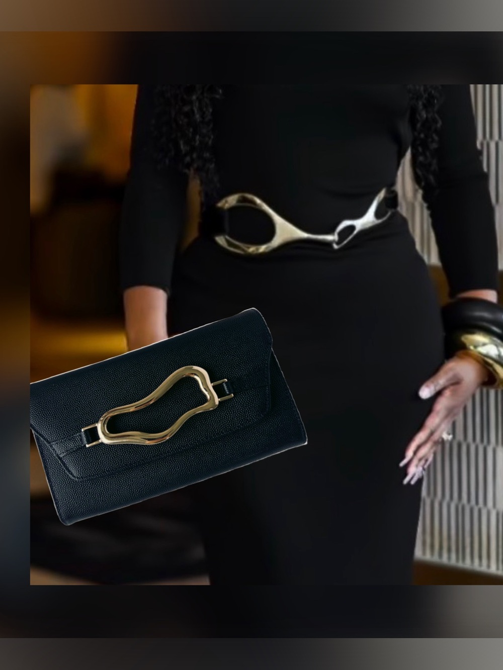 NWT Black Caviar Leather Clutch with Abstract Gold hardware and long gold chain